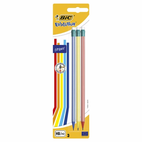 Карандаши чернографитные BIC Evolution "Stripes", НАБОР 3 шт., HB, с Карандаши чернографитные BIC Evolution "Stripes", НАБОР 3 шт., HB, с