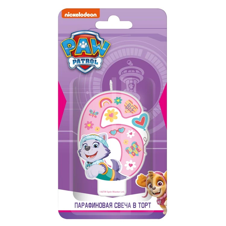 Щенячий патруль. Парафиновая свеча в торт (цифра 6 с героем) для девочек, в