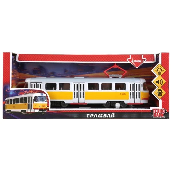 Модель пластик свет-звук ТРАМВАЙ 28 см, открыв. двери, желтый, кор. Технопарк