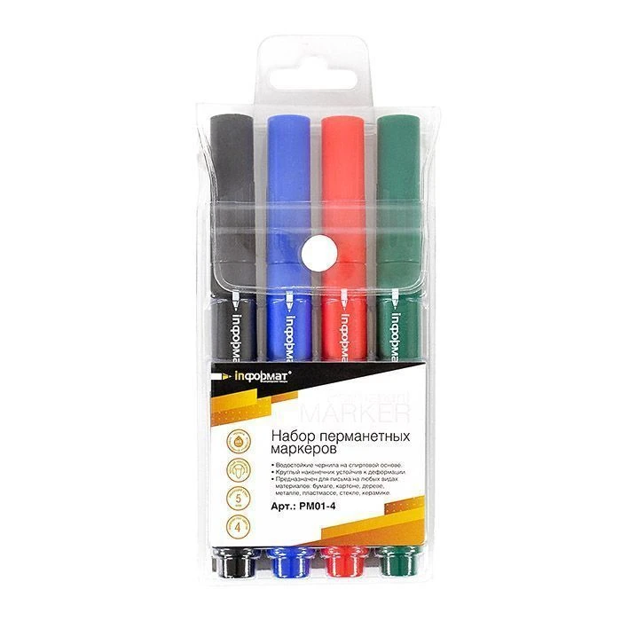 Набор перм.марк. inФОРМАТ PERMANENT 2 мм ассорти круглый 4 шт.цв.: PM01-4 штр.: Набор перм.марк. inФОРМАТ PERMANENT 2 мм ассорти круглый 4 шт.цв.: PM01-4 штр.: