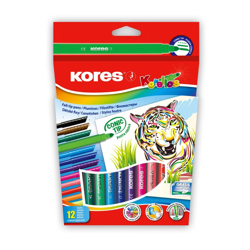 Фломастеры KORELLOS Kores 12 цветов, европодвес, в комплекте со стикерами, 29043