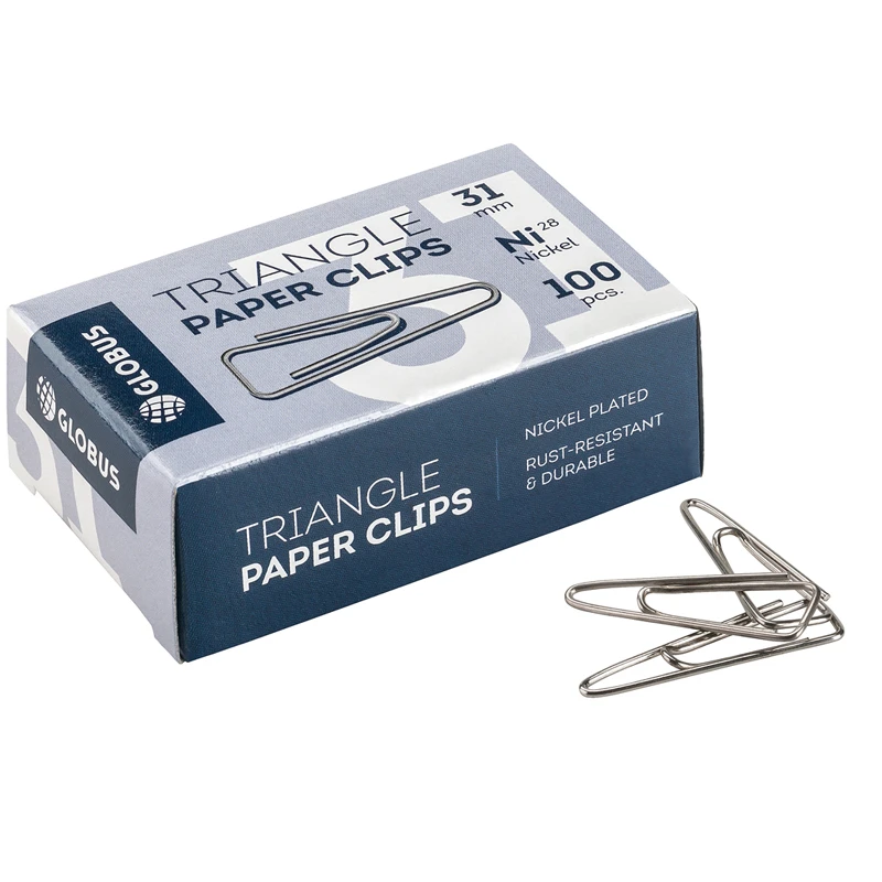 Скрепки 31мм, Globus, 100шт., никелированные треугольные, с отогнутым носиком,