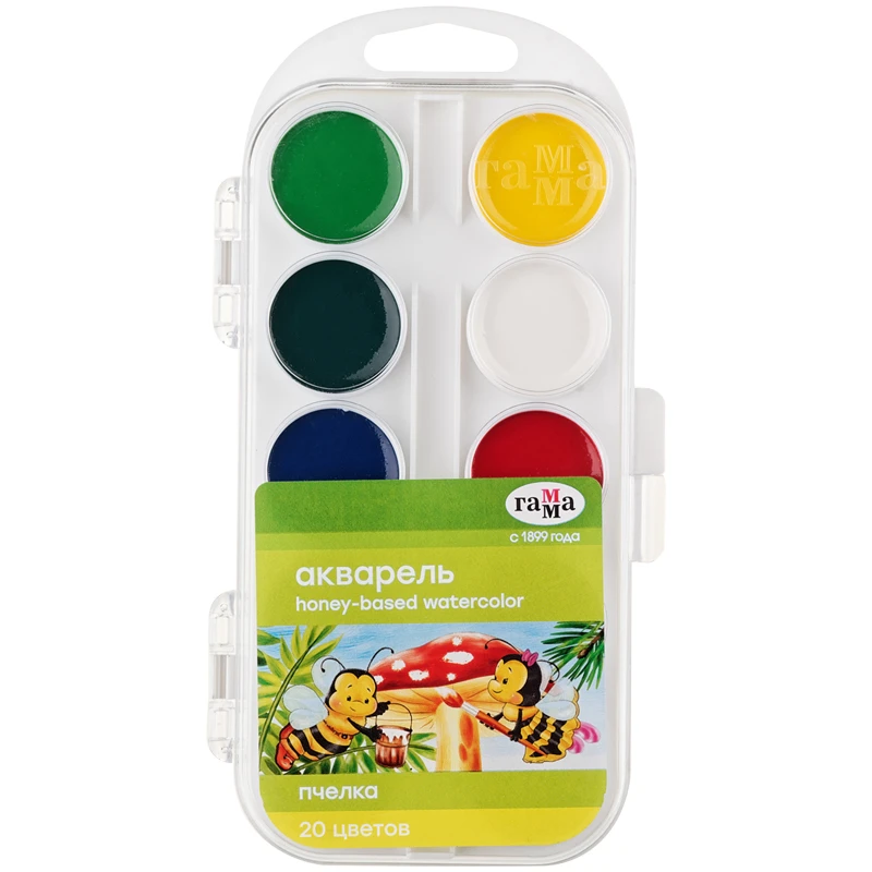 Акварель Гамма "Пчелка NEW", медовая, 20 цветов, без кисти, пластик, Акварель Гамма "Пчелка NEW", медовая, 20 цветов, без кисти, пластик,
