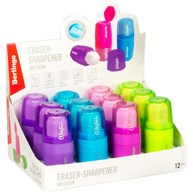 Точилка пластиковая с ластиком Berlingo "Western", 1 отверстие, Точилка пластиковая с ластиком Berlingo "Western", 1 отверстие,