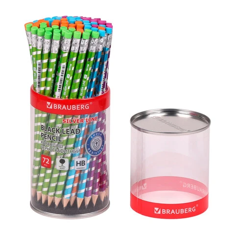 Карандаш чернографитный BRAUBERG "SILVER LINE", 1 шт., HB, с ластиком,