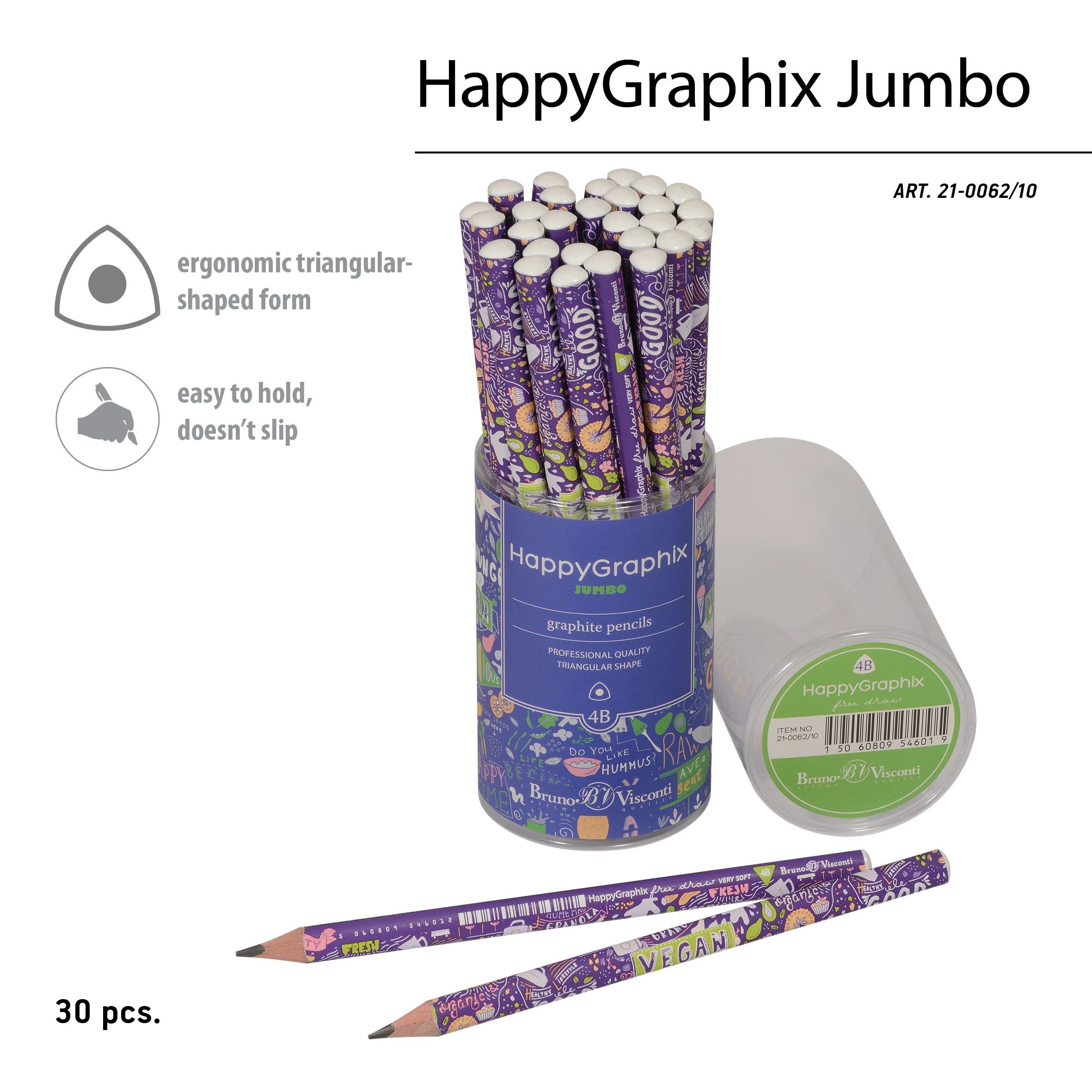КАРАНДАШ ЧЕРНОГРАФИТОВЫЙ "HappyGraphix Jumbo. Веган" 4В, 3.5 MM КАРАНДАШ ЧЕРНОГРАФИТОВЫЙ "HappyGraphix Jumbo. Веган" 4В, 3.5 MM