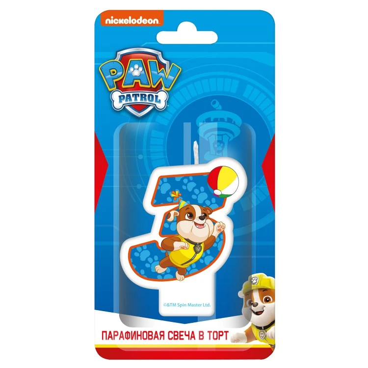 Щенячий патруль. Парафиновая свеча в торт (цифра 3 с героем) в блистере