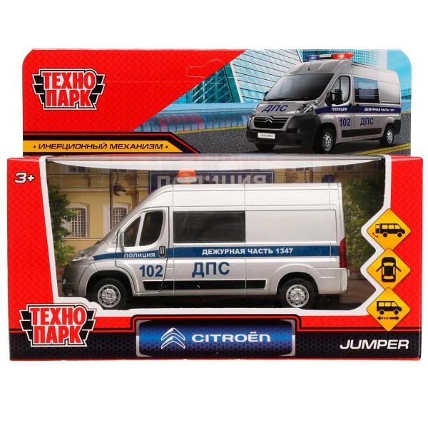Машина металл CITROEN JUMPER ПОЛИЦИЯ 14 см, двер, баг, инер, серебр, Технопарк