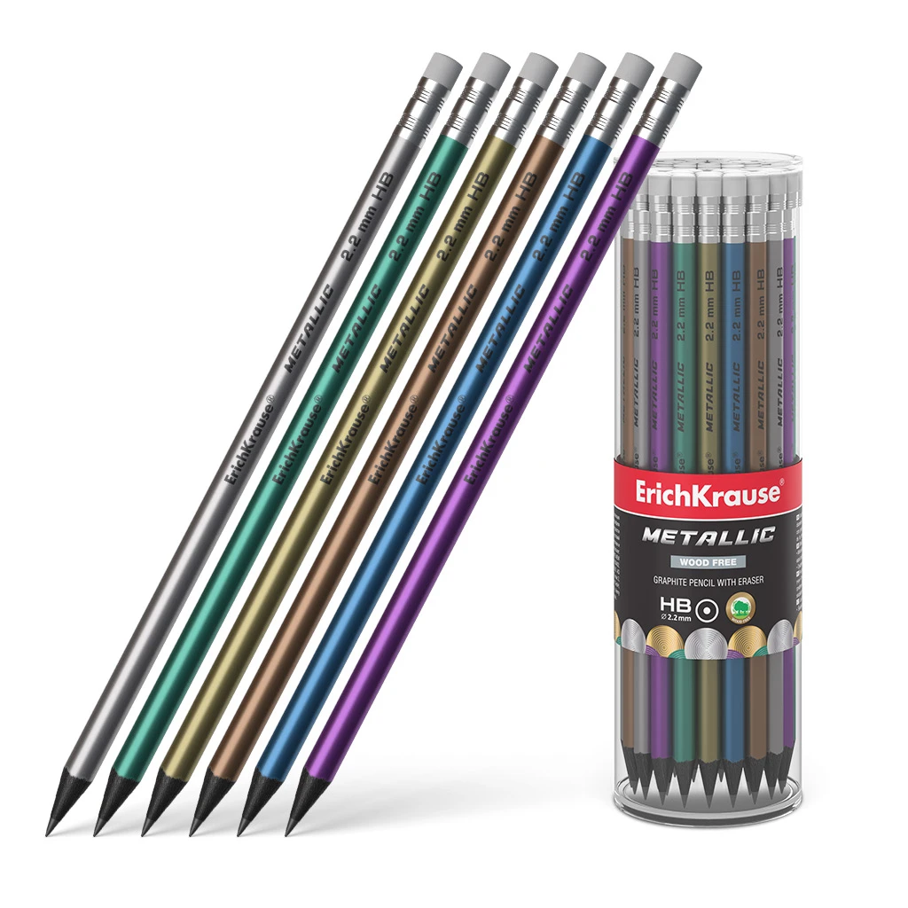 Пластиковый чернографитный круглый карандаш с ластиком ErichKrause® Metallic HB Пластиковый чернографитный круглый карандаш с ластиком ErichKrause® Metallic HB