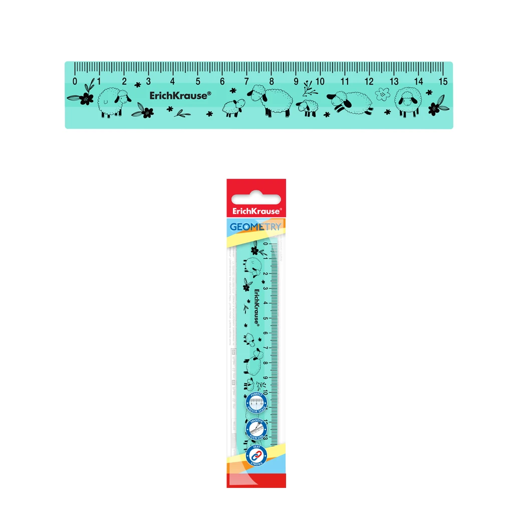 Линейка пластиковая Erich Krause® Lambs, 15см, мятная, во флоупаке
