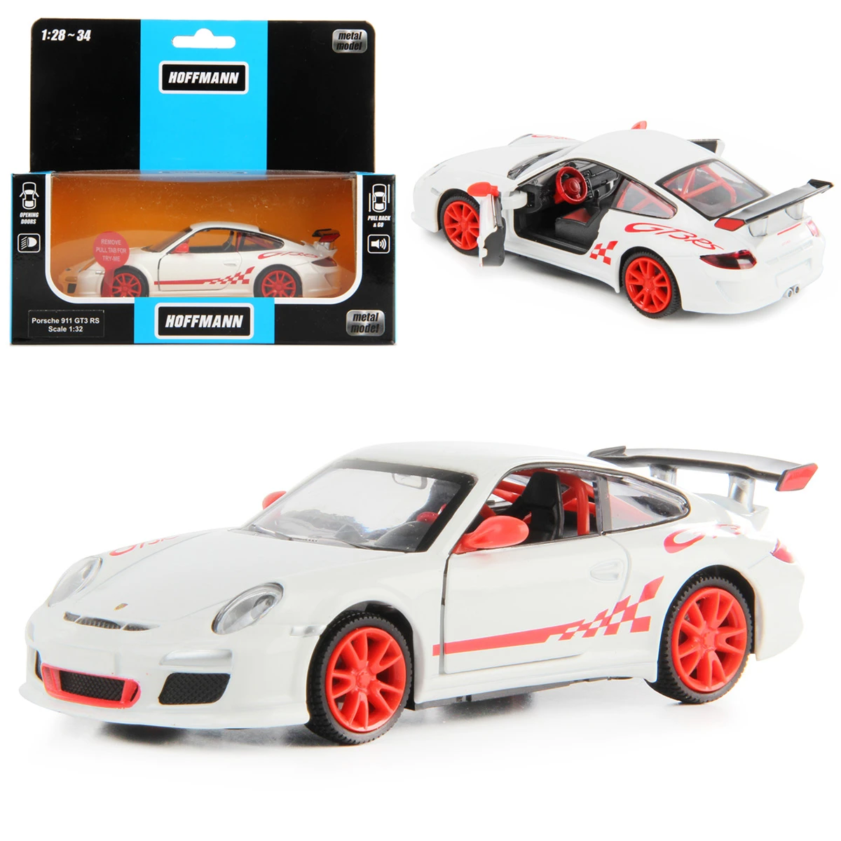 Машина металлическая Porsche 911 GT3 RS (997) 1:32, звук/свет, двери откр.,