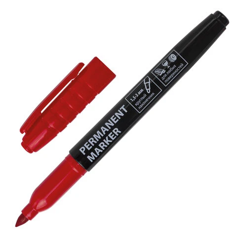 Маркер перманентный (нестираемый) BRAUBERG, КРАСНЫЙ, круглый наконечник, 1,5-3