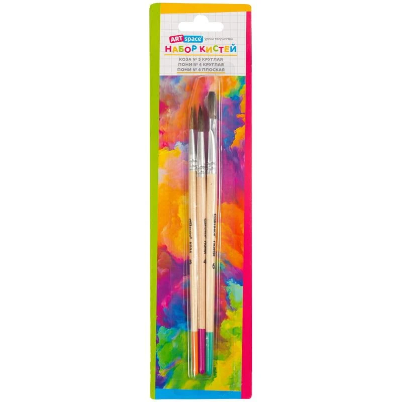 Набор кистей 3 шт., Коза, круглая № 3, Пони, круглая № 4, Пони, плоская № 6,