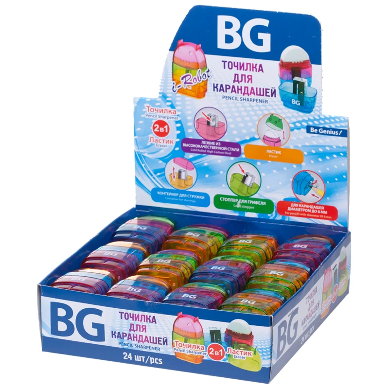 Точилка пластиковая с ластиком BG "i-Robot", 1 отверстие, контейнер, Точилка пластиковая с ластиком BG "i-Robot", 1 отверстие, контейнер,