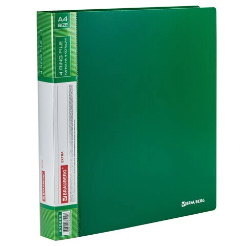 Папка на 4 кольцах, ширина 40 мм, BRAUBERG EXTRA, до 300 листов, ЗЕЛЕНАЯ, 0,8