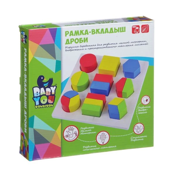Игрушка деревянная, развивающая, Дроби, Bondibon, BOX 21х21х3,4 см., арт.TKB373