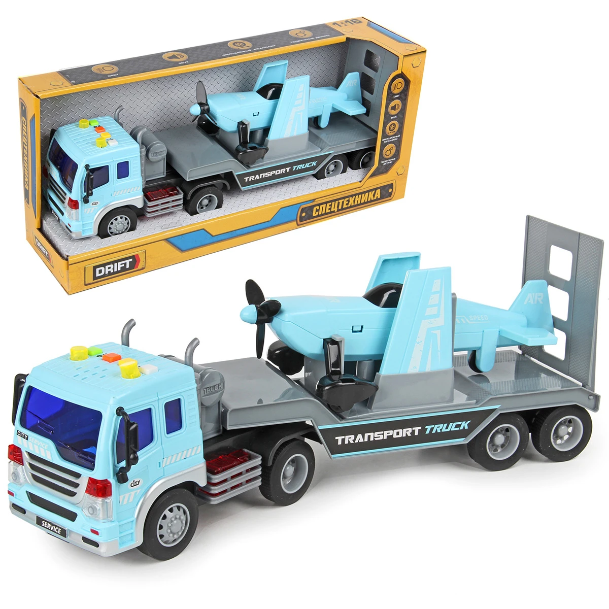 Автовоз с самолетом BLUE TRANSPORT TRUCK 1:16, фрикц.механизм, со звуком и Автовоз с самолетом BLUE TRANSPORT TRUCK 1:16, фрикц.механизм, со звуком и