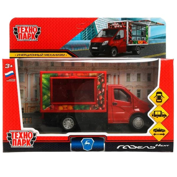 Машина металл ГАЗЕЛЬ NEXT ФРУКТЫ 14 см, двер, прилав, инерц, красный, Технопарк