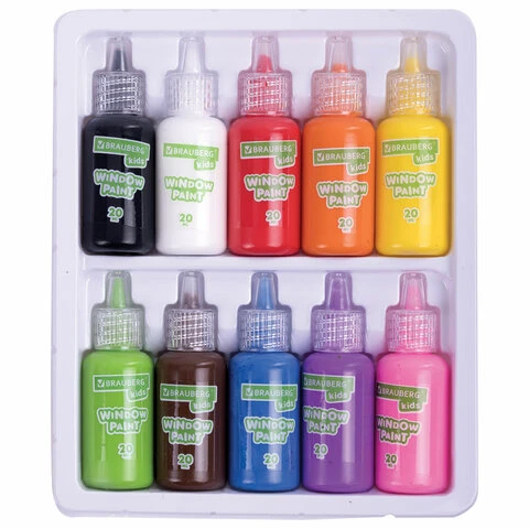 Краски витражные BRAUBERG, 10 ярких цветов, 10 туб по 20 мл, книга шаблонов,