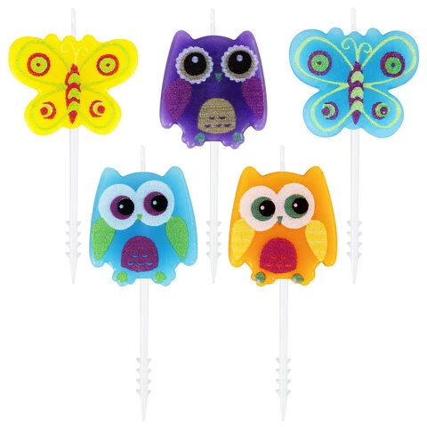 Свечи фигурные для торта на шпажках "Совы и бабочки", 5 шт.,