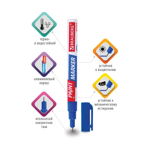 Маркер-краска лаковый EXTRA (paint marker) 1 мм, СИНИЙ, УЛУЧШЕННАЯ НИТРО-ОСНОВА,