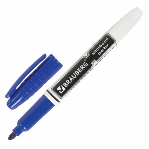 Маркер для доски BRAUBERG, СИНИЙ, с клипом, эргономичный корпус, круглый