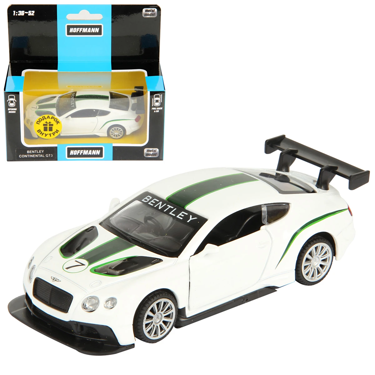 Машина металлическая 1:43 Bentley Continental GT3. Дв.Откр., цв.бел., инерция