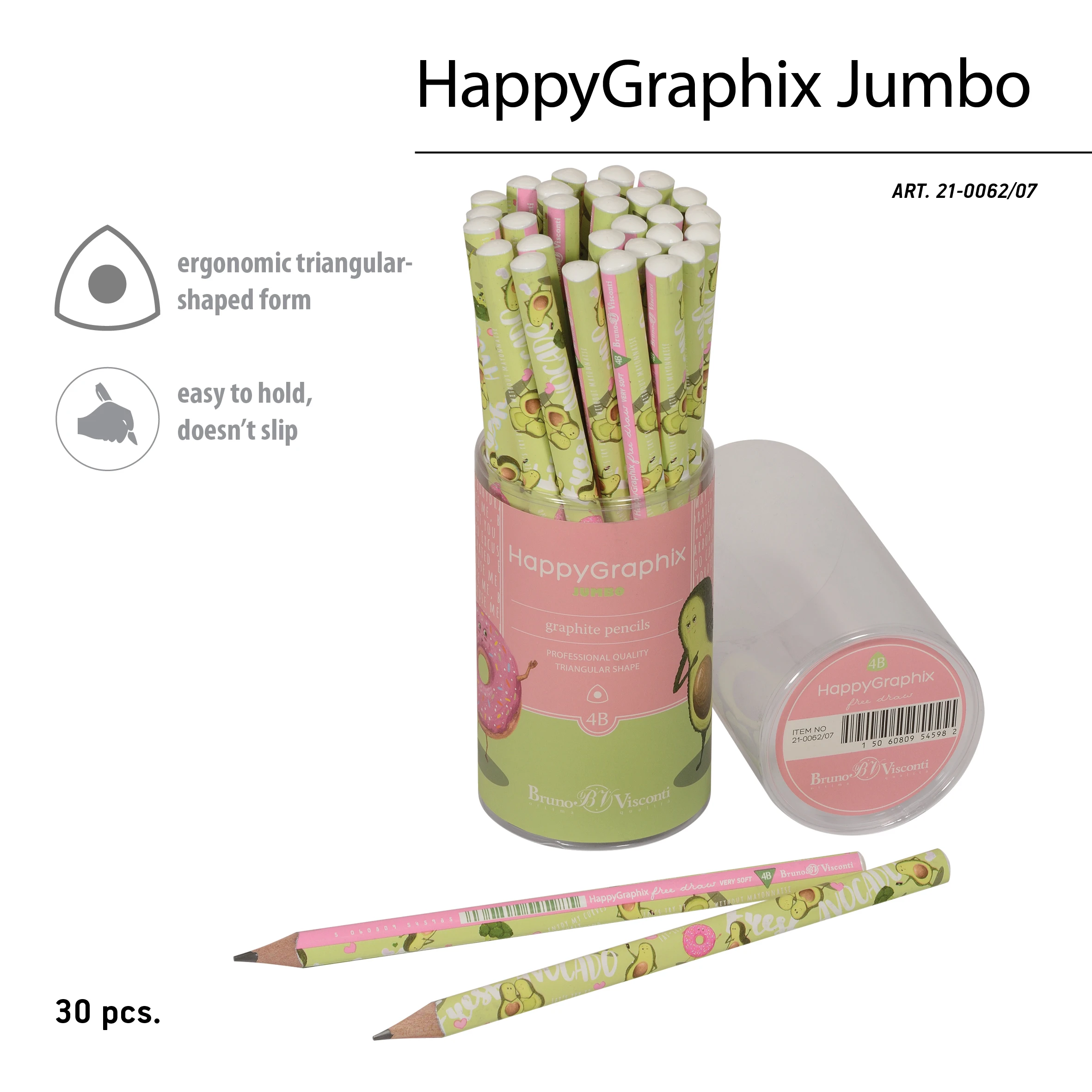 КАРАНДАШ ЧЕРНОГРАФИТОВЫЙ "HappyGraphix Jumbo. Авокадо. Любовь" 4В, 3.5 КАРАНДАШ ЧЕРНОГРАФИТОВЫЙ "HappyGraphix Jumbo. Авокадо. Любовь" 4В, 3.5
