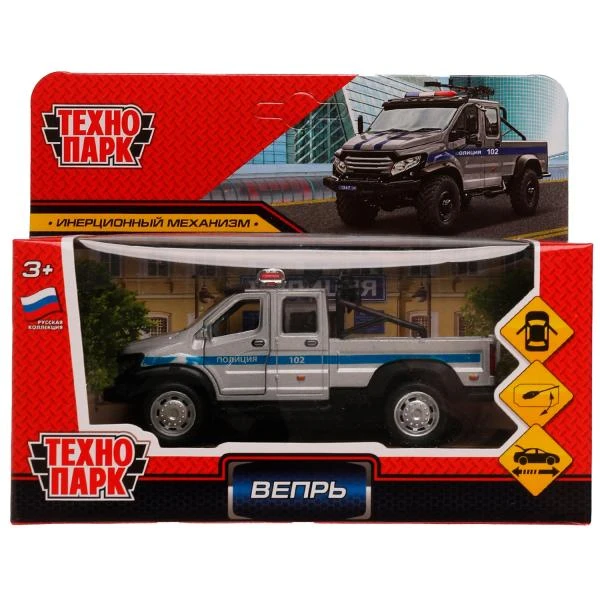 Машина металл ГАЗ ВЕПРЬ ПОЛИЦИЯ 12,5 см, двери, пулем, инерц, сер, Технопарк