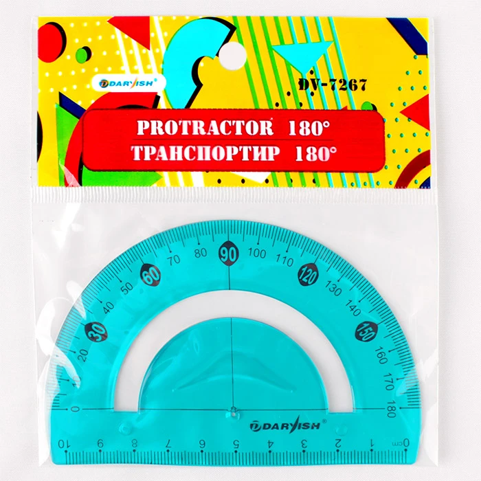 Транспортир 10см 180° мягкий пластик, ассорти