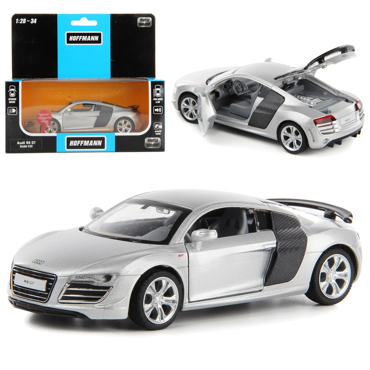 Машина металлическая Audi R8 GT 1:32, звук/свет, двери и багажник откр., инерция Машина металлическая Audi R8 GT 1:32, звук/свет, двери и багажник откр., инерция