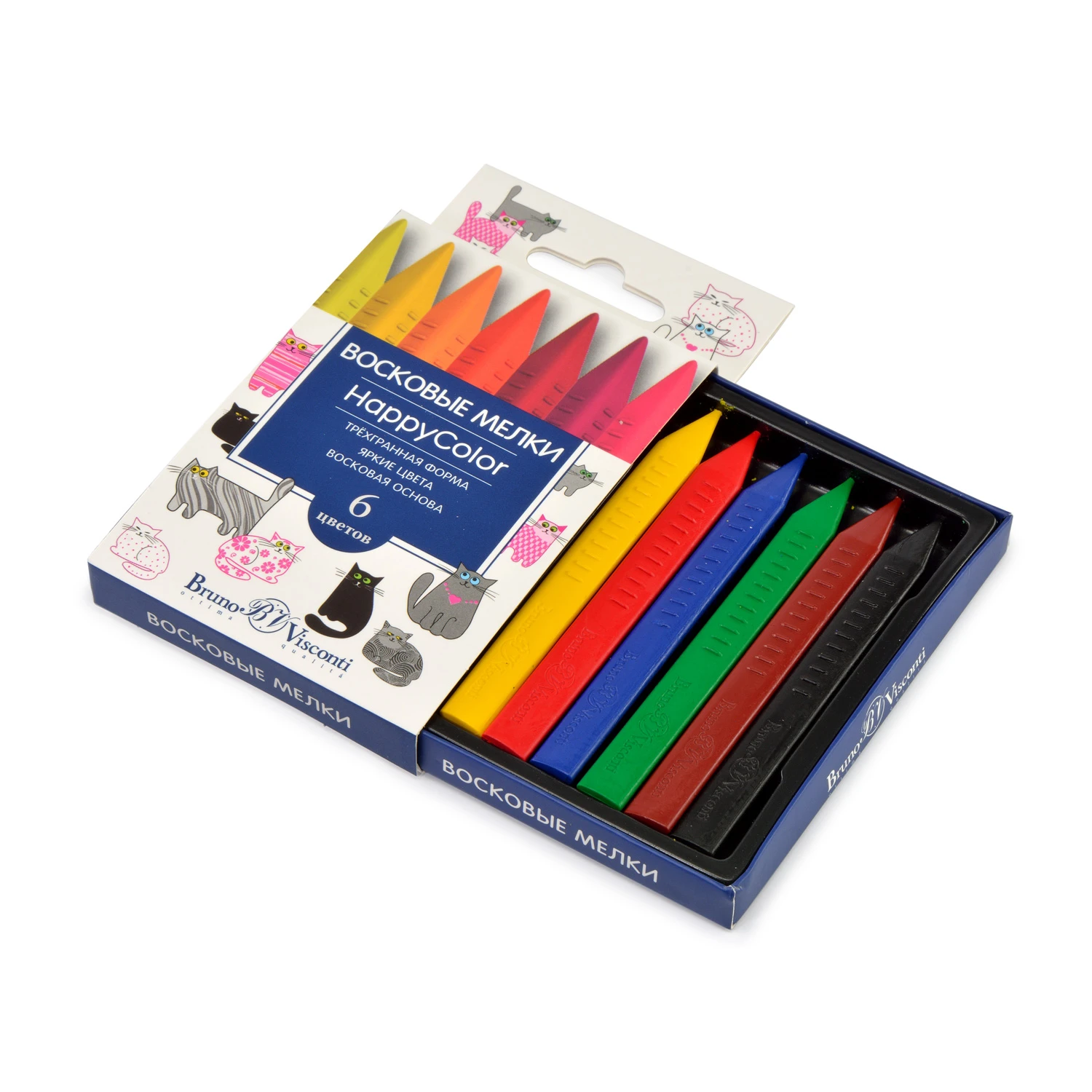МЕЛКИ ВОСКОВЫЕ "HAPPYCOLOR", 6 ЦВ. (трехгранной формы), 2 ВИДА