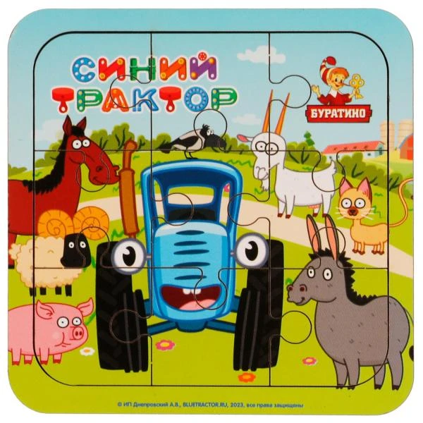 Игрушка деревянная пазл 10*10 см. СИНИЙ ТРАКТОР терм. пакет Буратино