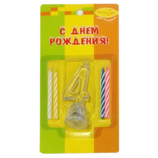 Набор свечей Цифра 4 с мигающим держателем 4 шт 7 см