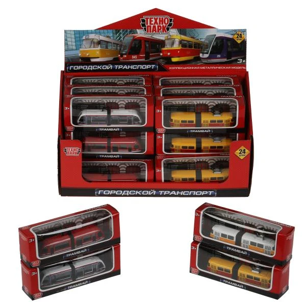 Машина металл ТРАМВАЙ С РЕЗИНКОЙ длина 12 см, в ассортименте, дисплей, коробка.