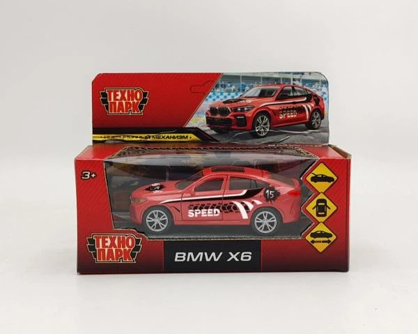 Машина металл BMW X6 СПОРТ длина 12 см, двери, багаж, инер, красный, Технопарк