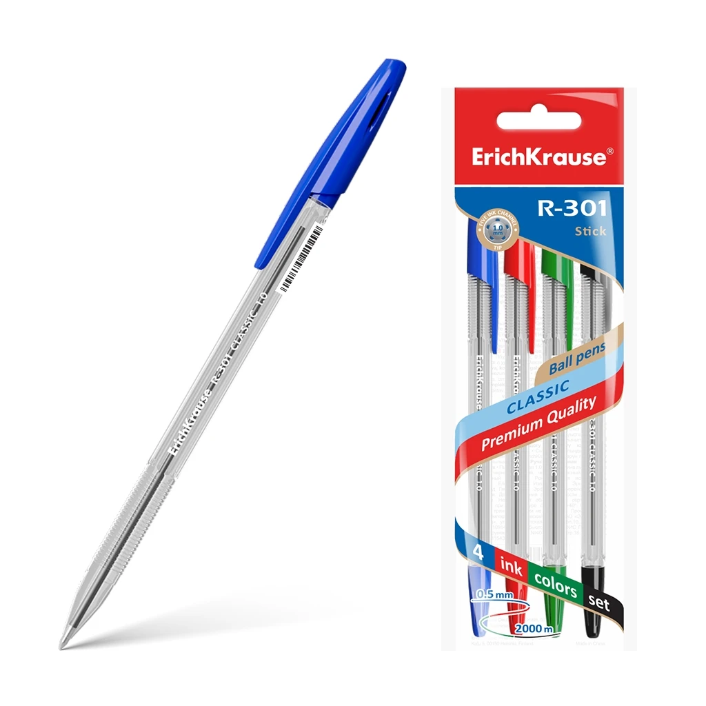 Ручка шариковая Erich Krause® R-301 Classic Stick 1.0, цвет чернил: синий, Ручка шариковая Erich Krause® R-301 Classic Stick 1.0, цвет чернил: синий,