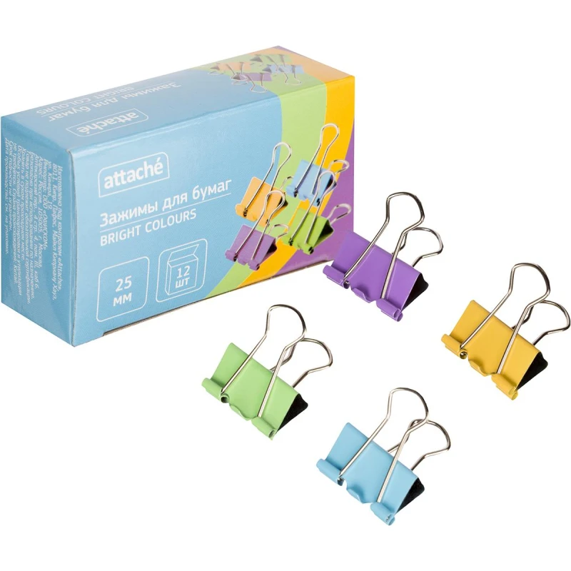 Зажимы для бумаг Attache Bright Colours 25мм,цветные,12шт/уп в карт.коробке