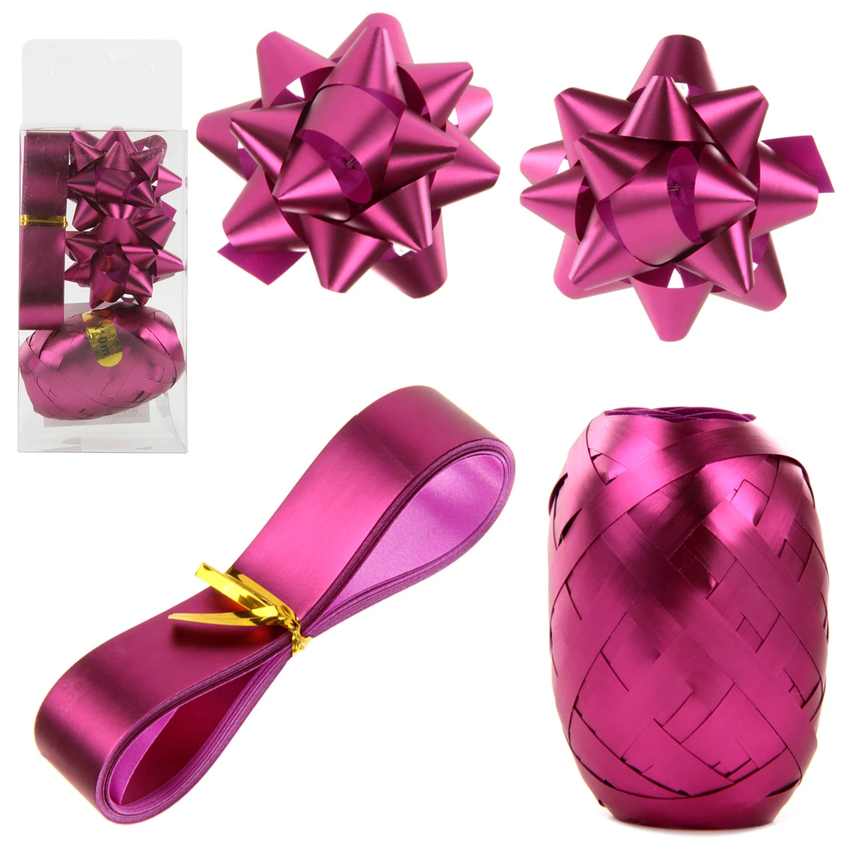 Набор: 2 бантика, лента 5 мм х 10 м, лента 1,2 см х 3 м.