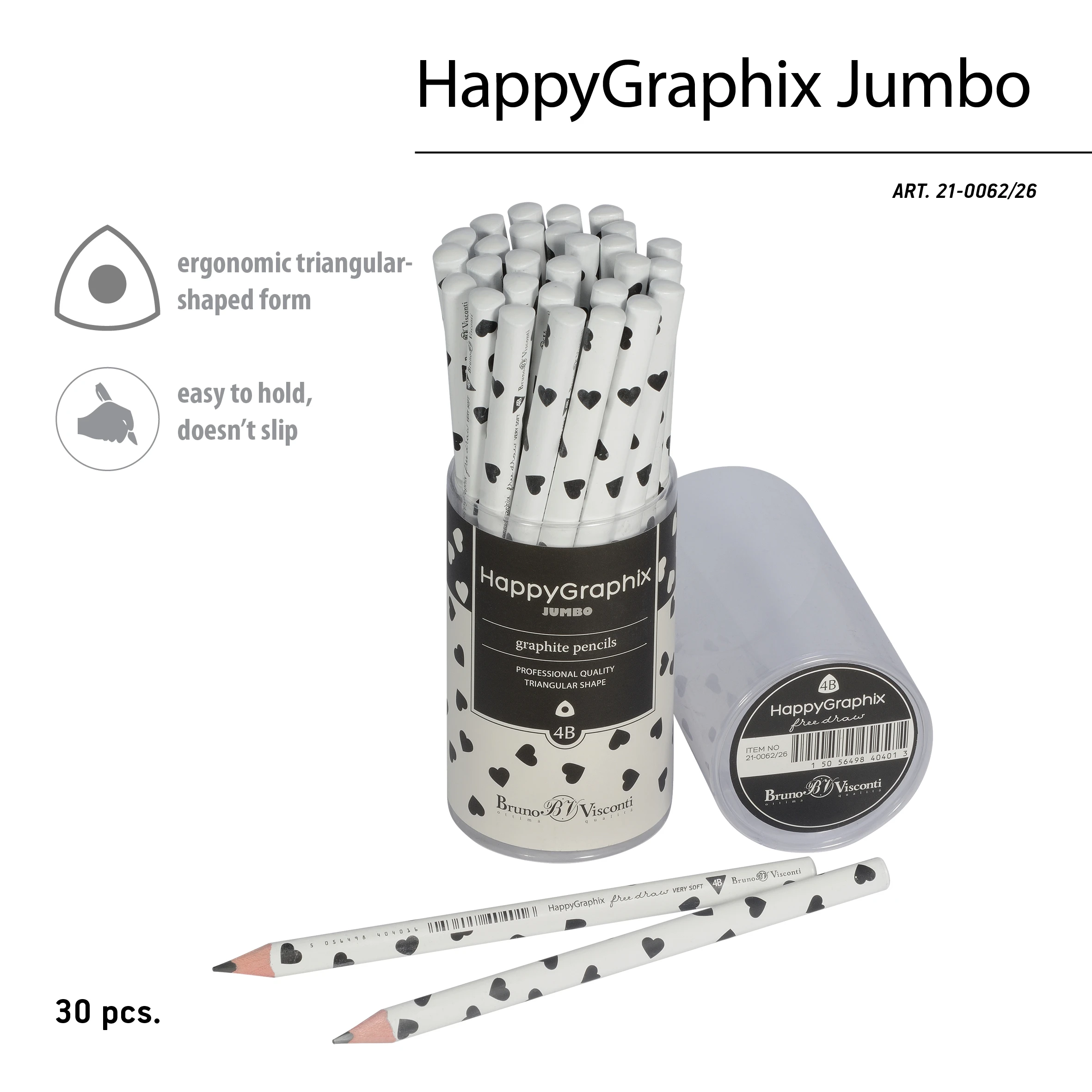 КАРАНДАШ ЧЕРНОГРАФИТОВЫЙ "HappyGraphix Jumbo. Монохром. Сердечки" 4В, КАРАНДАШ ЧЕРНОГРАФИТОВЫЙ "HappyGraphix Jumbo. Монохром. Сердечки" 4В,