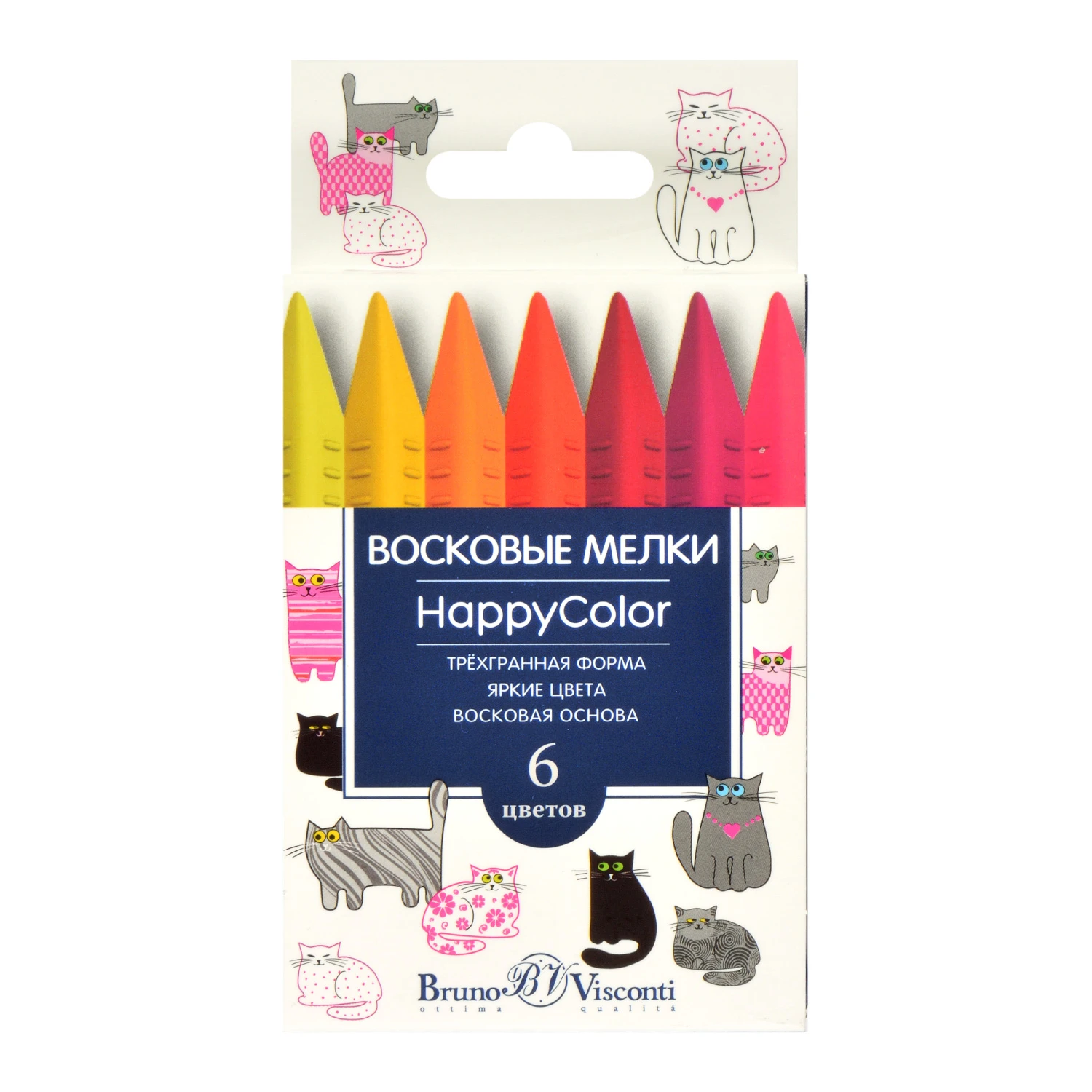 МЕЛКИ ВОСКОВЫЕ "HAPPYCOLOR", 6 ЦВ. (трехгранной формы), 2 ВИДА