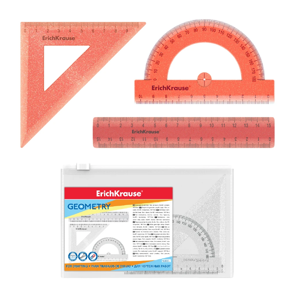 Набор геометрический малый пластиковый ErichKrause® Glitter, (линейка, угольник,
