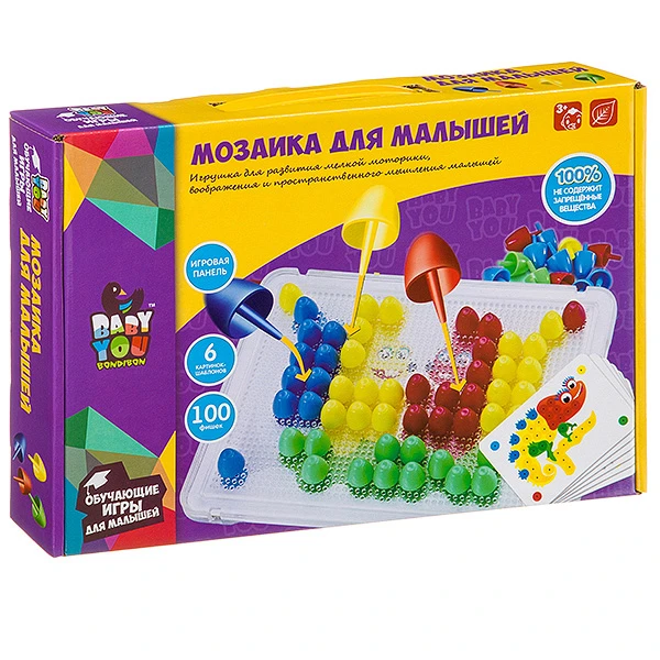 Мозаика для малышей Bondibon, 6 картинок-шаблонов, 100 фишек, BOX Мозаика для малышей Bondibon, 6 картинок-шаблонов, 100 фишек, BOX