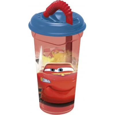 Стакан пластиковый с соломинкой и крышкой (прозрачный, 400 мл). Тачки Грани