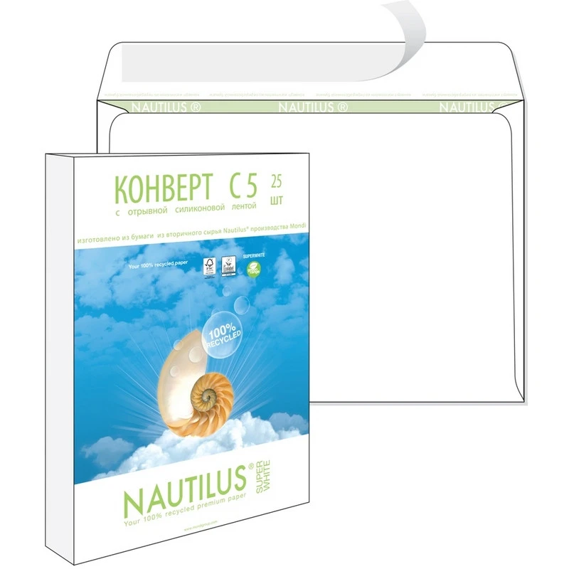 Конверт Nautilus,ЭКО, С5(162х229мм), стрип,80г, 25шт/уп штр.  4607160053059