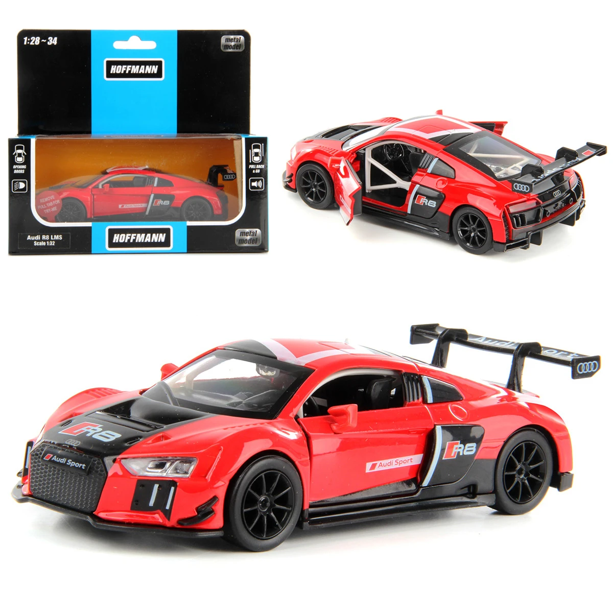 Машина металлическая AUDI R8 LMS 1:32, звук/свет, двери откр., инерция