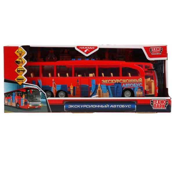 Машина свет+звук экскурсионный автобус 30см,пластик,4 кнопки,инерц,красный в кор