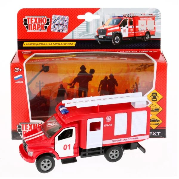 Машина металл ГАЗОН NEXT ПОЖАРНАЯ, 14,5 см, двери, багаж., инерция, Технопарк