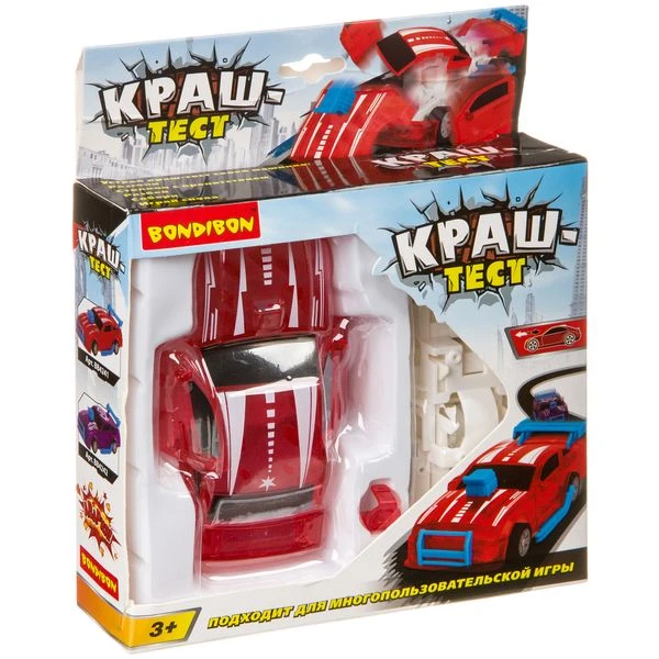 Пластм. инерц. (pull back) машина Краш-тест, Bondibon, ВОХ 17х4х20 см, красная