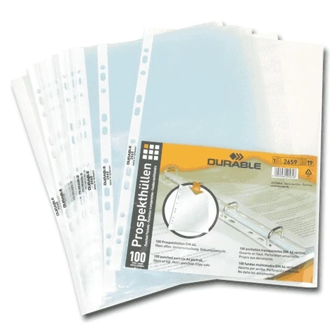 Папки-файлы перфорированные, А4, DURABLE (Германия), комплект 100 шт., Папки-файлы перфорированные, А4, DURABLE (Германия), комплект 100 шт.,